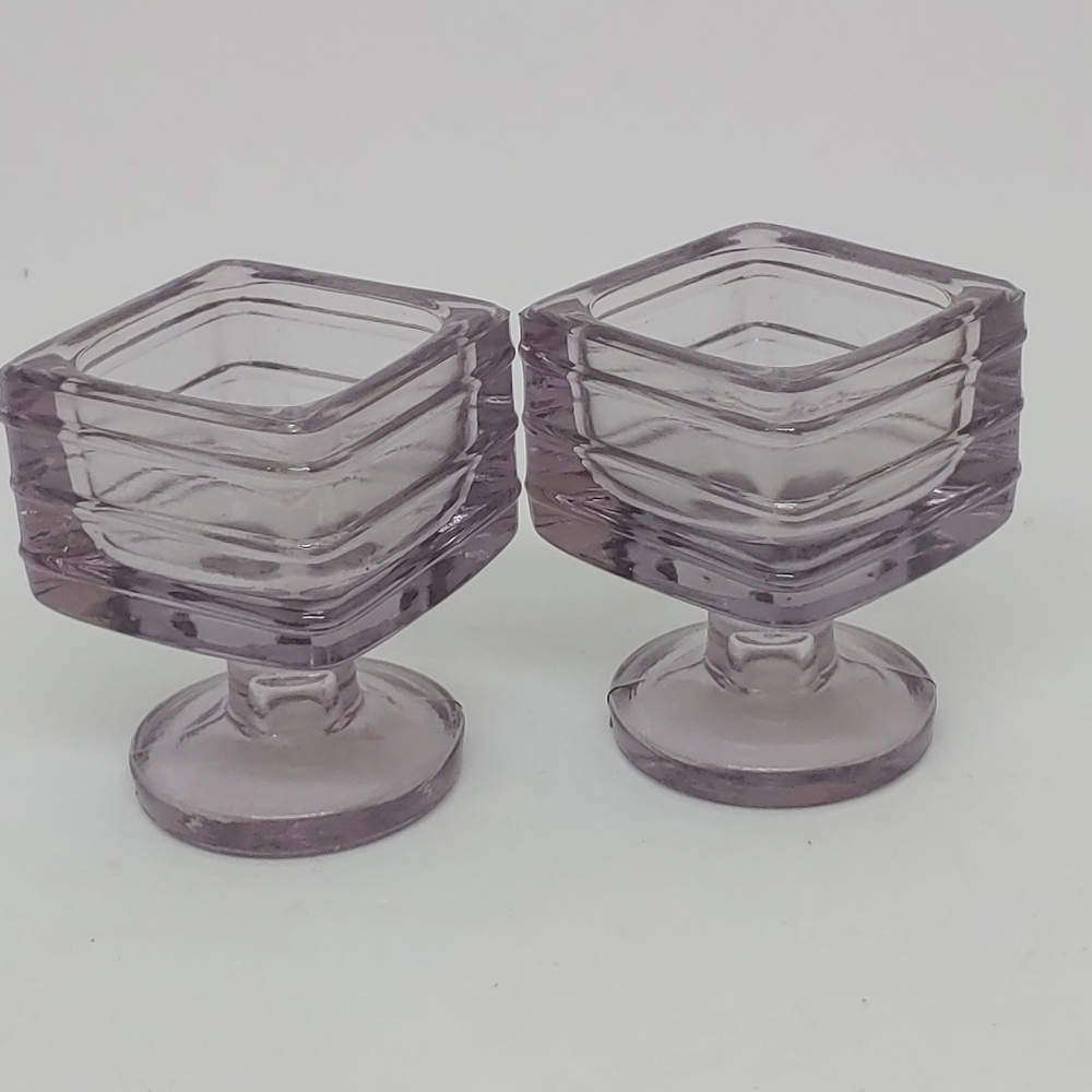 Antique 1915 Square Pedestal Pale Purple Glass Open Salt Cellars UV Reactive